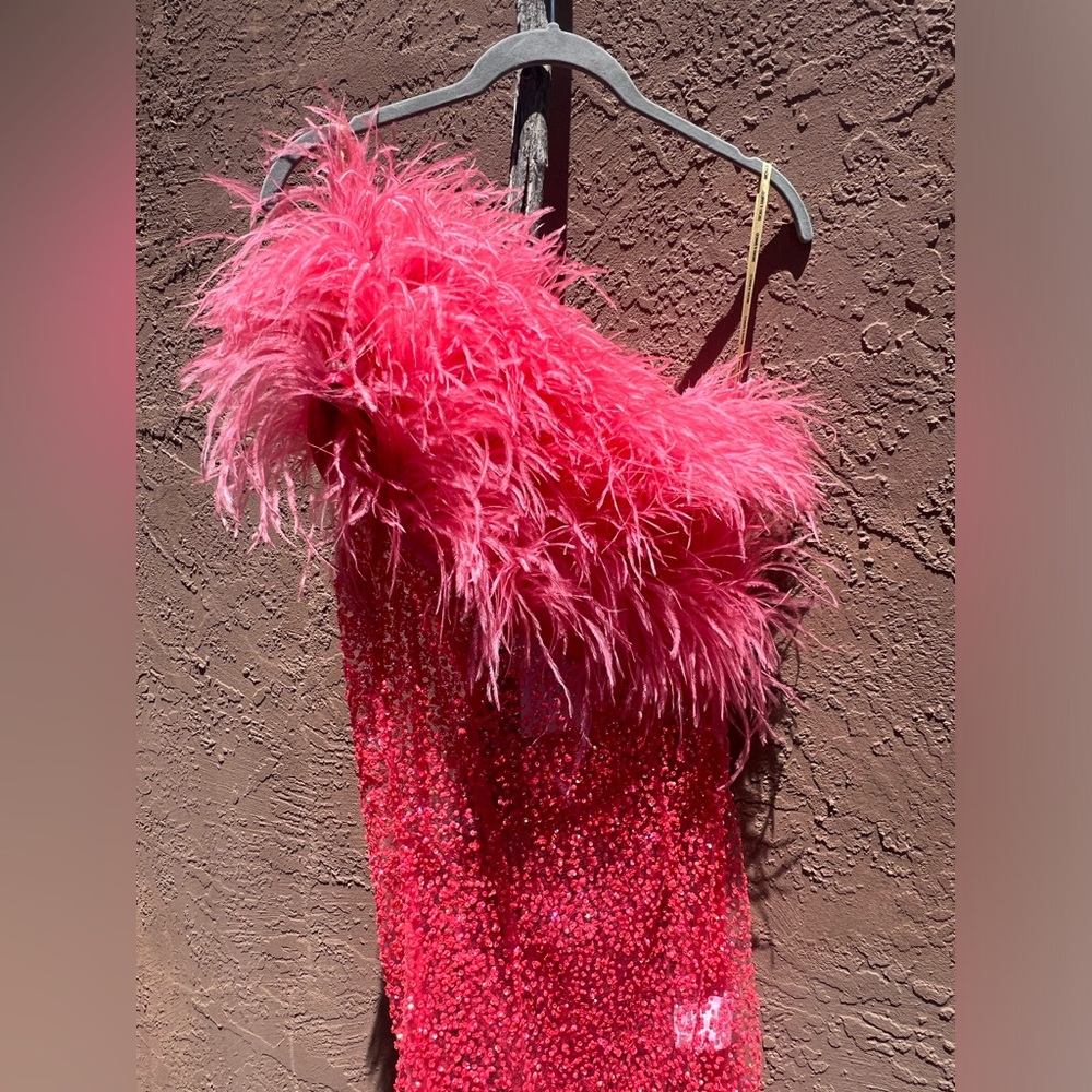 Bronx and Banco NWT Lulu Mini Dress Coral Ostrich Feather One Shoulder NO SLIP